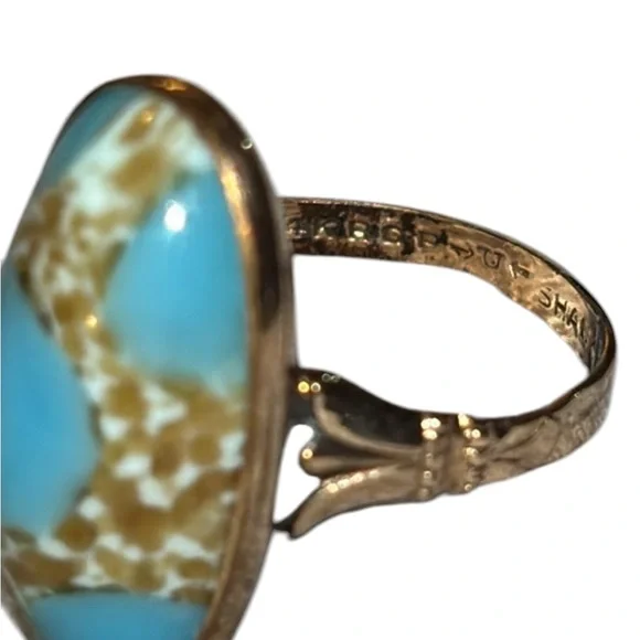 Stamped 14K Gold Mountain Turquoise SZ 7.5 – Oval Cabochon Southwestern Vintage - Picture 5 of 6